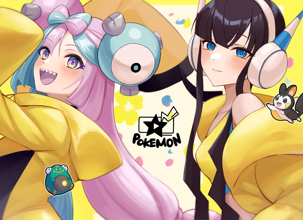 2girls :d aqua_hair bangs bellibolt black_hair blue_eyes blunt_bangs blush chen_(artist) closed_mouth commentary_request copyright_name elesa_(pokemon) emolga fur_jacket headphones iono_(pokemon) jacket long_hair multiple_girls open_mouth pokemon pokemon_(game) pokemon_bw2 pokemon_sv purple_hair sharp_teeth short_hair_with_long_locks sidelocks smile star_(symbol) teeth tongue twintails upper_teeth violet_eyes yellow_jacket