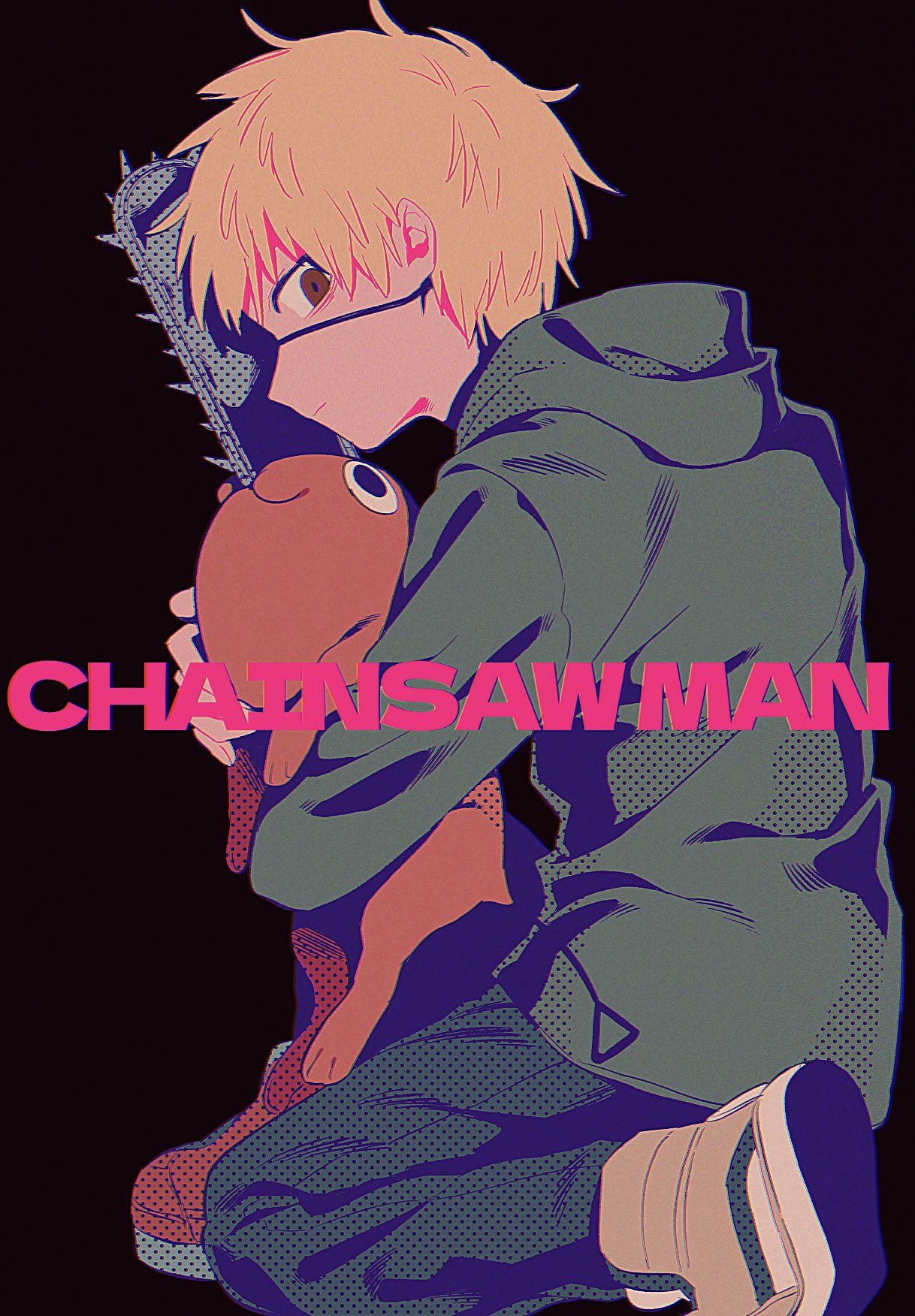 1boy 1other back bangs black_background black_eyes blonde_hair boots brown_eyes brown_footwear chainsaw chainsaw_man closed_mouth colored_skin commentary_request copyright_name denji_(chainsaw_man) fingernails from_side green_hoodie green_pants hair_between_eyes hands_up highres hood hoodie hug long_sleeves looking_at_viewer looking_up menma_(enaic31) orange_skin pants pet pochita_(chainsaw_man) puffy_long_sleeves puffy_sleeves seiza short_hair simple_background sitting smile