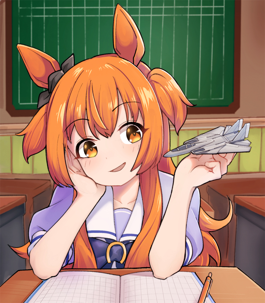 1girl animal_ears bangs blush desk elbow_rest hand_on_own_cheek hand_on_own_face horse_ears indoors jacy long_hair mayano_top_gun_(umamusume) mechanical_pencil notebook open_mouth orange_eyes orange_hair pencil puffy_short_sleeves puffy_sleeves purple_shirt school_desk school_uniform shirt short_sleeves sitting smile solo toy_airplane tracen_school_uniform two_side_up umamusume