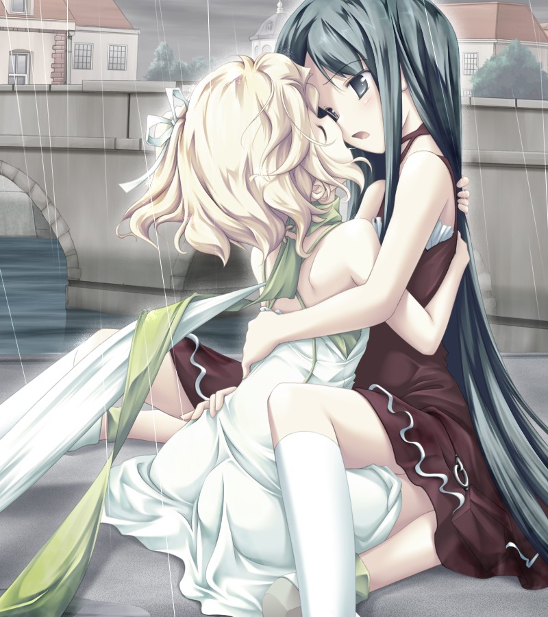 2girls ass blush child closed_eyes eyebrows_visible_through_hair flat_chest hand_on_another's_back kissing loli long_hair looking_up open_mouth rain ribbons short_hair skirt yuri
