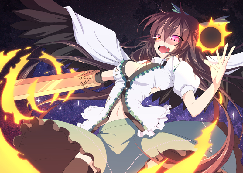 1girl arm_cannon bird_wings black_wings bow breasts brown_hair brown_legwear cape cleavage energy_ball fangs hair_bow long_hair minoru open_mouth pink_eyes radiation_symbol reiuji_utsuho shirt skirt slit_pupils solo space star symbol-shaped_pupils thigh-highs third_eye torn_clothes torn_shirt touhou very_long_hair weapon wings zettai_ryouiki