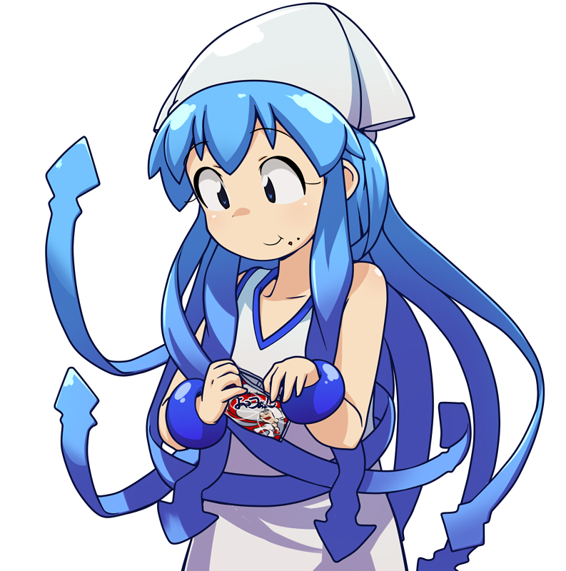 :t blue_hair bracelet cannibalism eating face food food_on_face hat ikamusume jewelry long_hair pu-chin shinryaku!_ikamusume snack snacks solo tentacle_hair tentacles translated