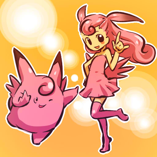 1girl bare_shoulders blush blush_stickers clefable dress flat_chest hitec leg_up loli long_hair moemon personification pink pink_hair pokemon pokemon_(creature) pokemon_(game) pokemon_rgby simple_background skirt sleeveless standing thigh_highs thighhighs wings wink zettai_ryouiki