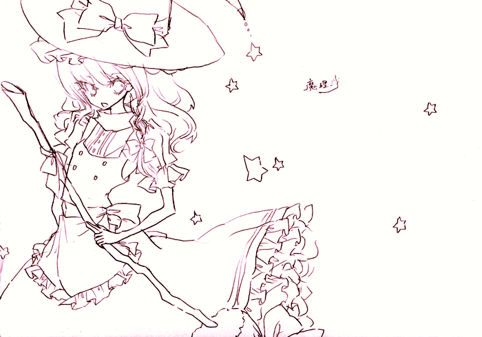1girl broom dress eyelashes female frills hat hat_ribbon holding kirisame_marisa miri monochrome no_nose open_mouth purple ribbon short_sleeves simple_background solo star touhou traditional_media turtleneck white_background witch witch_hat