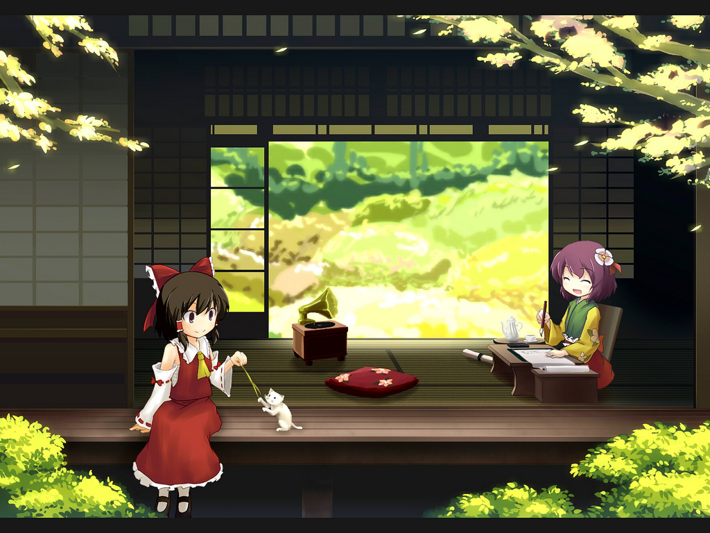 bow brown_hair calligraphy_brush cat cushion detached_sleeves flower hair_bow hair_flower hair_ornament hakurei_reimu happy hieda_no_akyuu japanese_clothes long_hair multiple_girls paintbrush peaceful phonograph purple_hair ribbon short_hair smile touhou tsuyuki veranda wallpaper writing