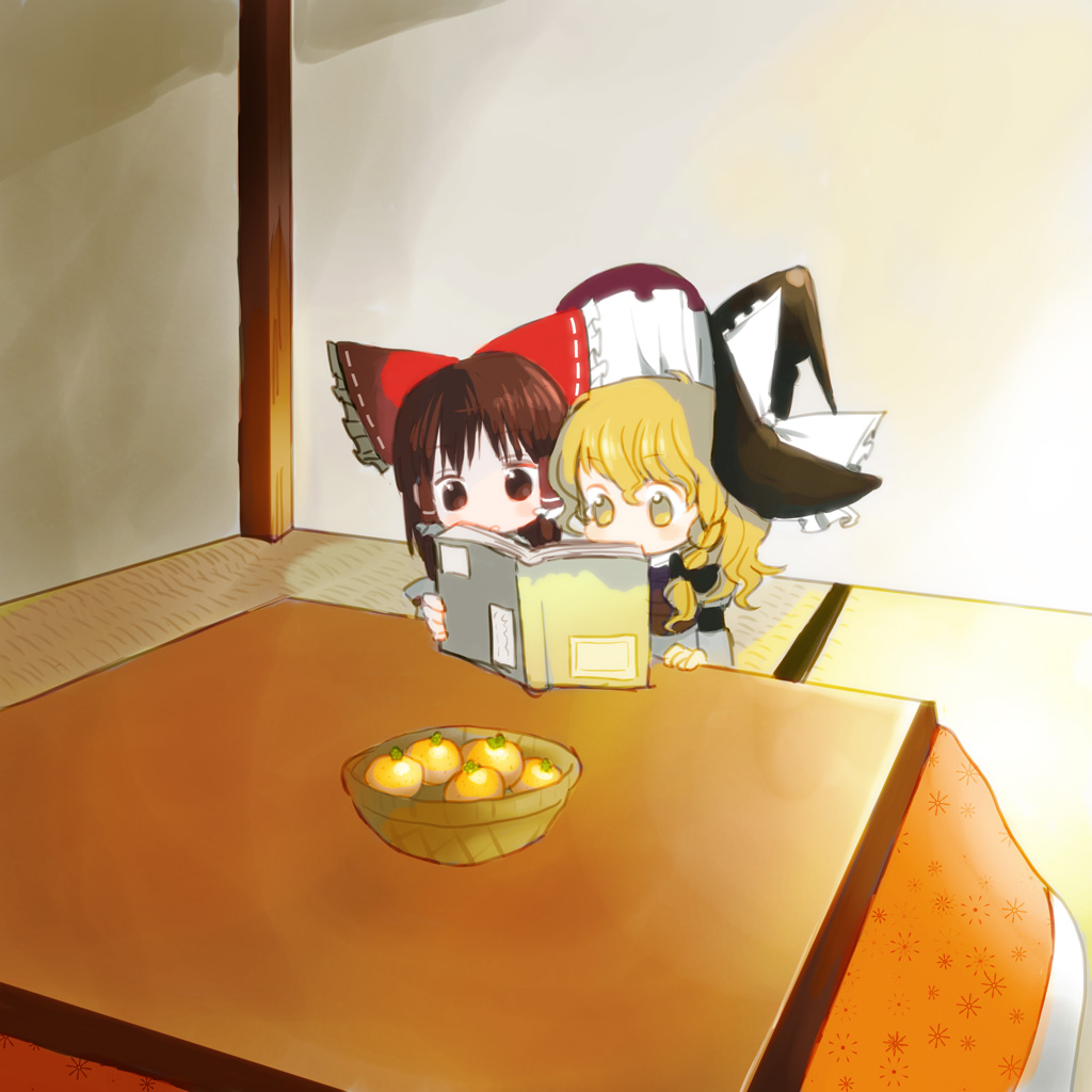 blonde_hair book bow braid brown_hair chibi food fruit hachi_(8bit_canvas) hair_bow hakurei_reimu hat kirisame_marisa kotatsu mandarin_orange pallet reading red_eyes short_hair side_braid stare table touhou witch_hat yellow_eyes young