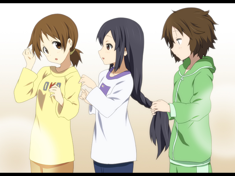 black_hair braid brown_eyes brown_hair face hirasawa_ui hoodie ikari_manatsu k-on! long_hair messy_hair nakano_azusa ponytail short_hair sleep_wear suzuki_jun