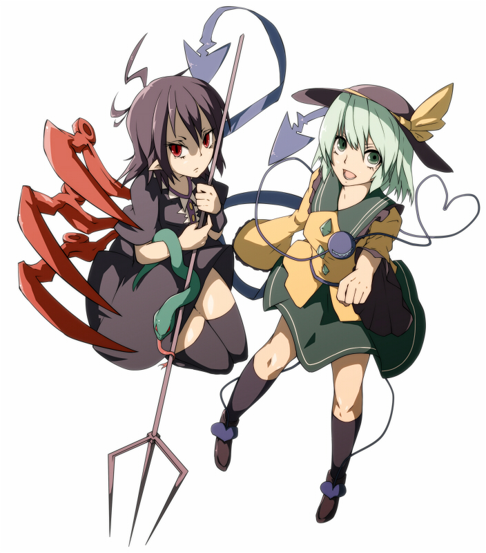 2girls ahoge aqua_hair asymmetrical_wings black_hair blouse clenched_hand dress foreshortening frown green_eyes hat hat_ribbon heart heart_of_string houjuu_nue kneehighs komeiji_koishi legs_up looking_at_viewer multiple_girls open_mouth outstretched_arm pointy_ears polearm red_eyes ribbon short_hair simple_background skirt snake tenkomori_(bug_kura) thigh-highs third_eye touhou trident tsurime weapon white_background wide_sleeves wings