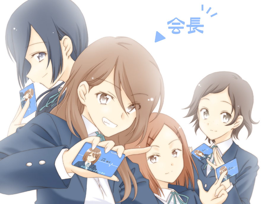 akane_(k-on!) black_hair blonde_hair blue_eyes brown_eyes brown_hair card extra hirasawa_yui holding holding_card iida_keiko k-on! long_hair natsushi oota_ushio satou_akane school_uniform short_hair tachibana_himeko