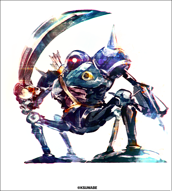 arrow_(projectile) bow_(weapon) dragon_quest full_body glowing glowing_eye holding holding_sword holding_weapon k-suwabe killer_machine_(dragon_quest) mecha no_humans quiver red_eyes robot simple_background solo spikes sword twitter_username weapon white_background