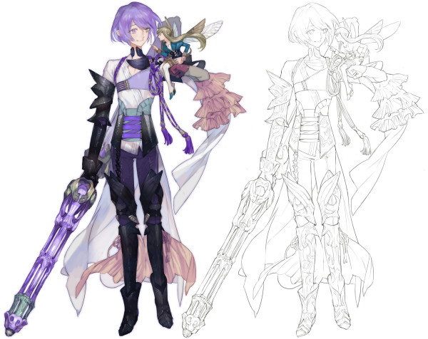 1boy 1girl archived_source armor blonde_hair borrowed_character fairy fairy_wings fantasy gauntlets gloves greaves holding holding_weapon lineart looking_at_another minigirl muneate nishihara_isao pixiv_fantasia pixiv_fantasia_sword_regalia pointing purple_hair r-riru_(pixiv_fantasia) serini_(pixiv_fantasia) short_hair short_hair_with_long_locks shoulder_armor single_gauntlet sitting sitting_on_person smile thigh-highs weapon wings