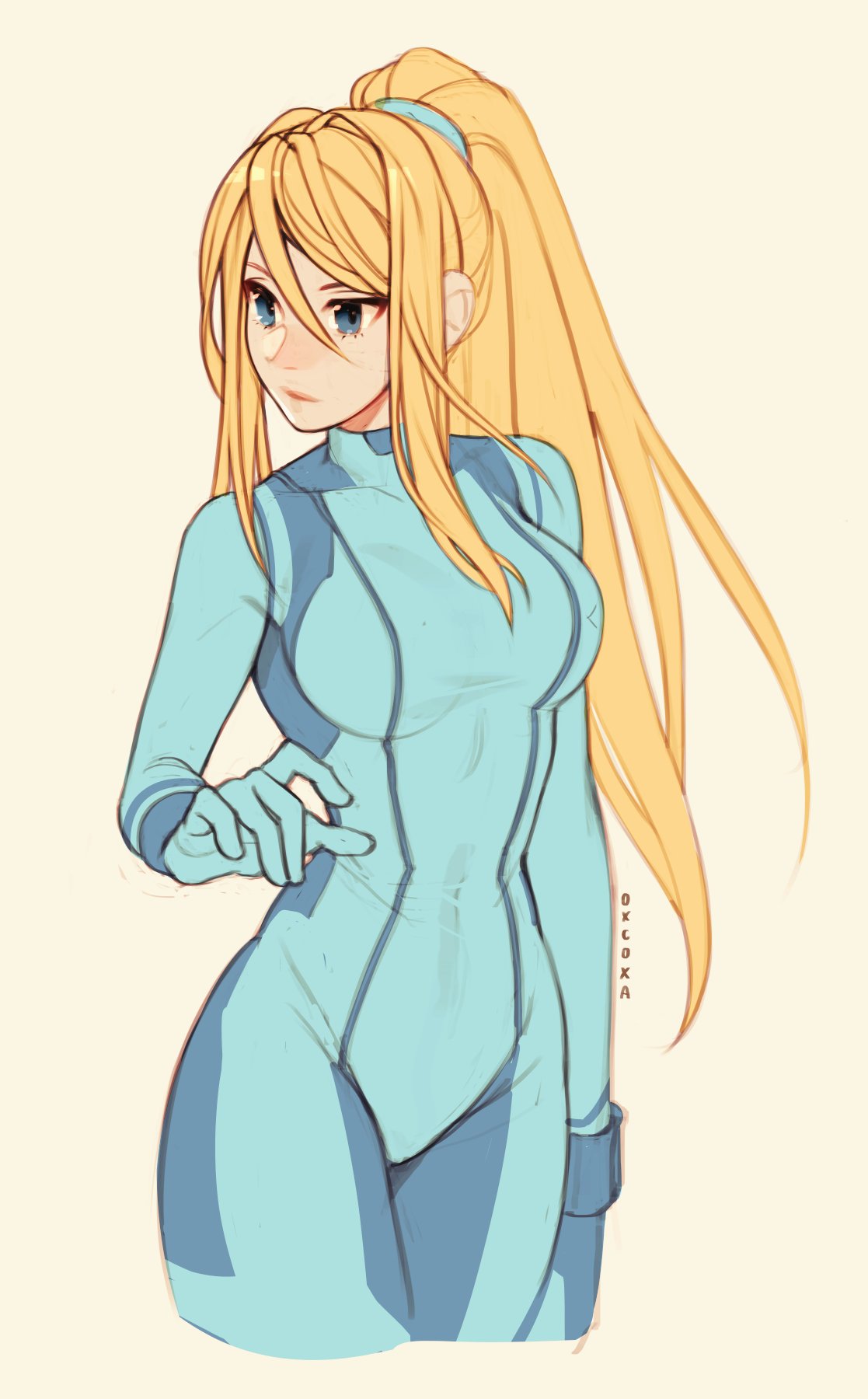 1girl artist_name bangs blonde_hair blue_bodysuit blue_eyes bodysuit breasts closed_mouth commentary english_commentary hair_between_eyes highres lips long_hair looking_away metroid oxcoxa ponytail samus_aran sidelocks simple_background skin_tight solo standing yellow_background