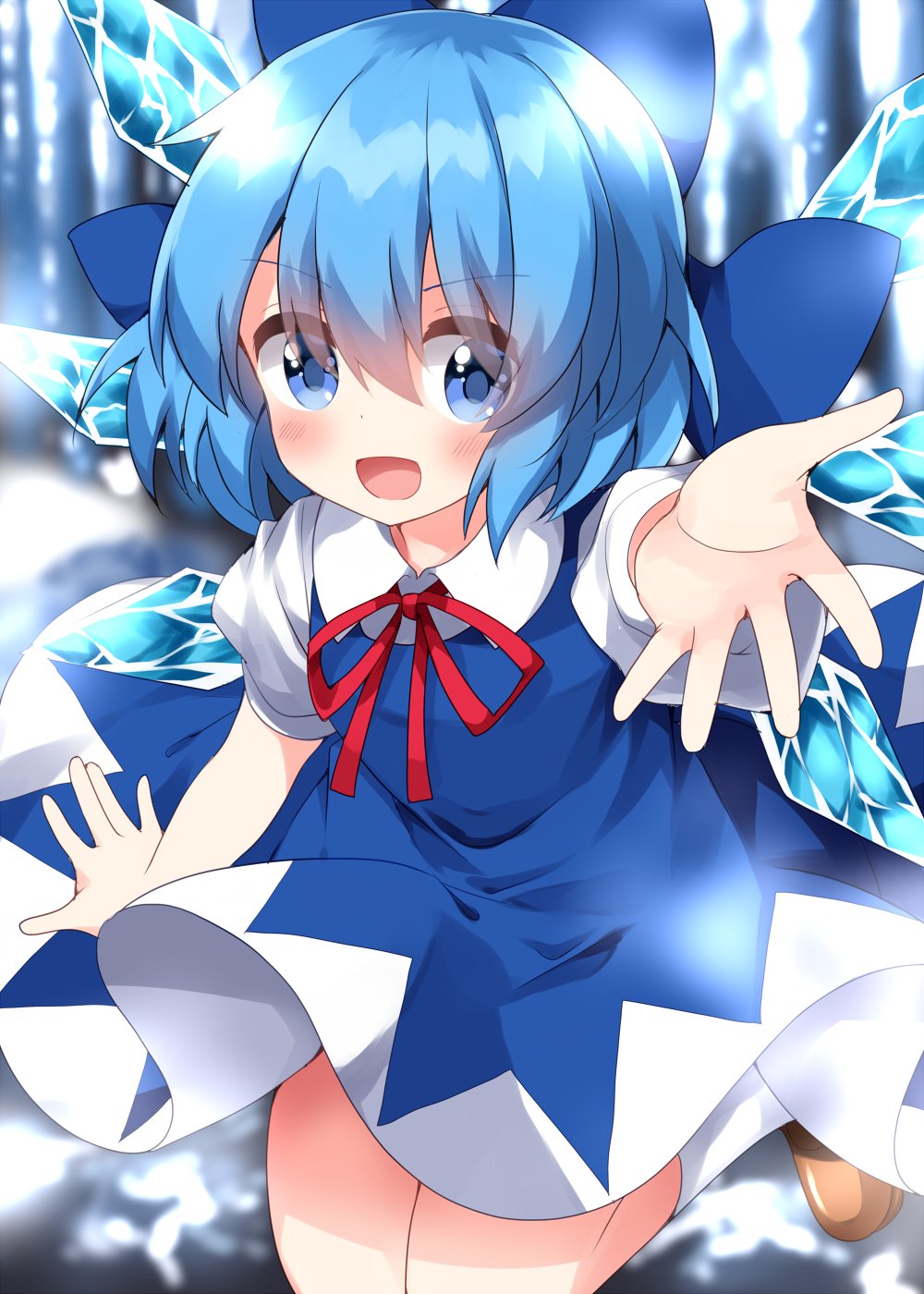 1girl blue_dress blue_eyes blue_hair bow cirno dress foreshortening hair_bow highres ice ice_wings open_mouth outstretched_arm outstretched_hand reaching_out ruu_(tksymkw) shoes solo touhou wings