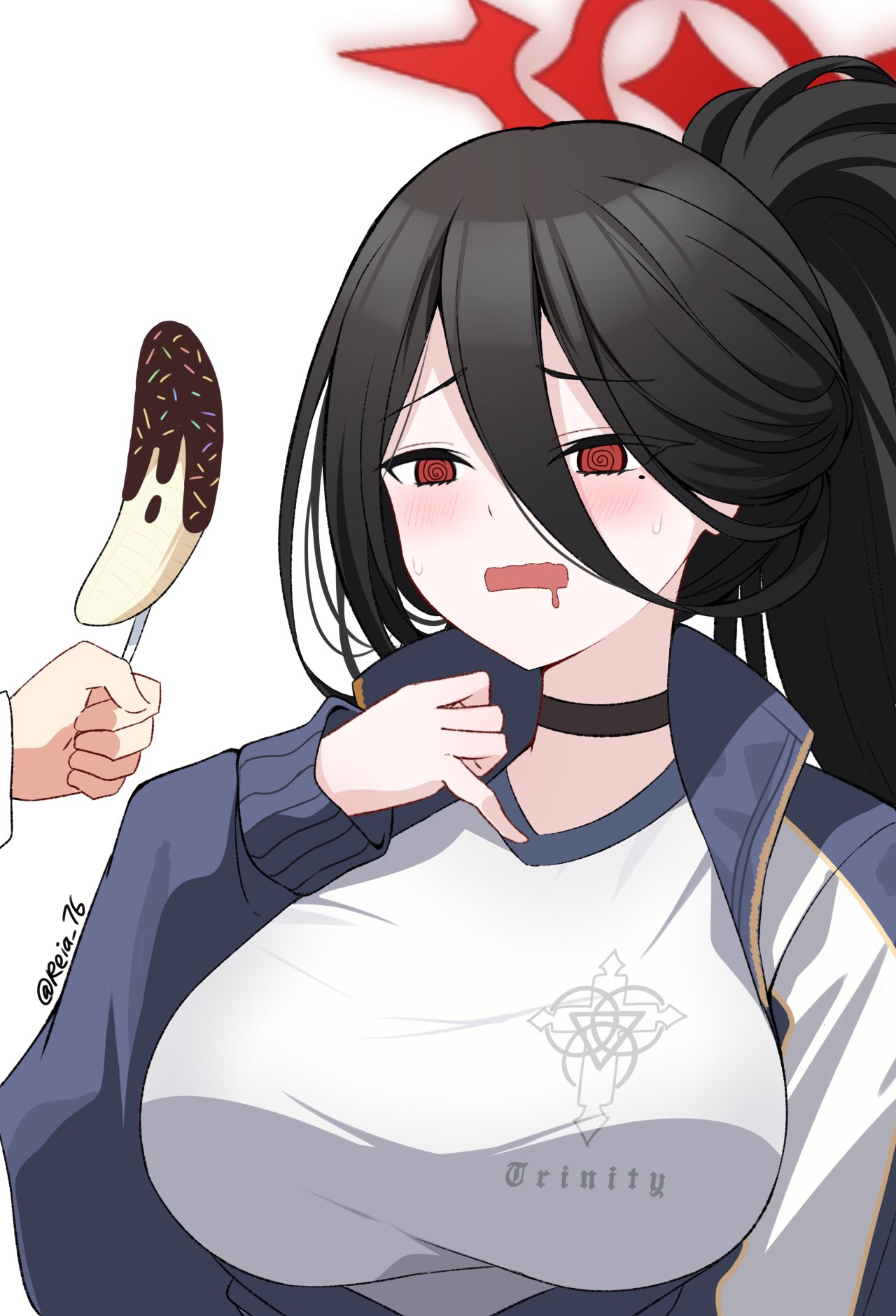 @_@ black_choker black_hair blue_archive breasts chocolate_banana choker drooling food gym_shirt halo hasumi_(blue_archive) hasumi_(gym_uniform)_(blue_archive) high_ponytail highres holding holding_food jacket large_breasts mole mole_under_eye red_eyes reia_76 saliva shirt white_shirt