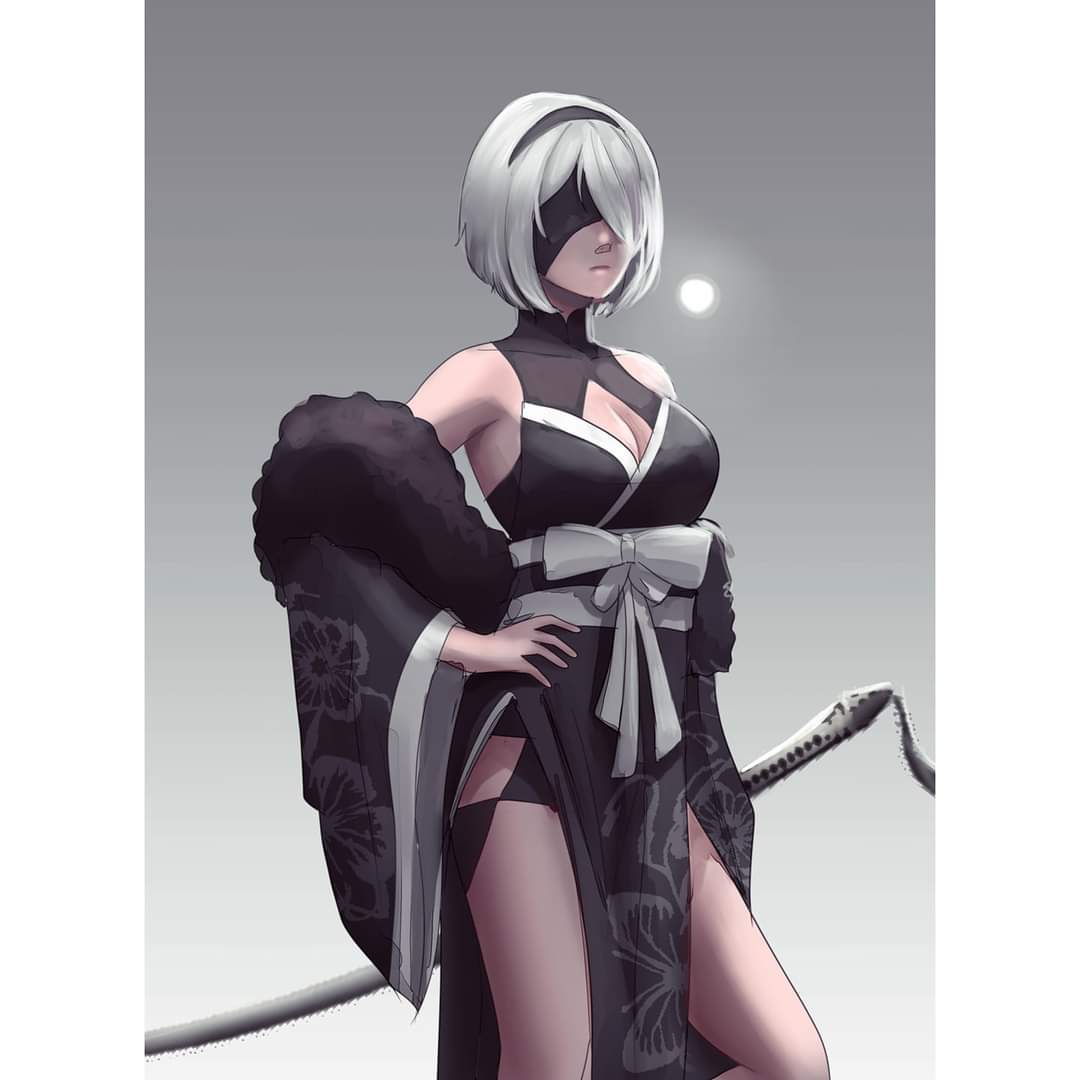 1girl black_blindfold blindfold breasts dress gloves hairband japanese_clothes kimono leotard mole mole_under_mouth nier_(series) nier_automata saleppanu short_hair simple_background solo thigh-highs white_hair yorha_no._2_type_b