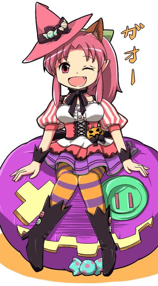 1girl :d animal_ears breasts candy dress food full_body hair_ribbon halloween halloween_costume hat jack-o'-lantern long_hair looking_at_viewer millie_chliette one_eye_closed open_mouth pantyhose pink_hair pointy_ears ponytail pumpkin ribbon simple_background smile solo star_ocean star_ocean_first_departure striped tsukisso white_background