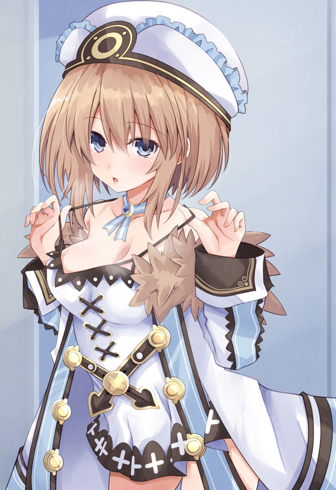 1girl :o aged_up alternate_breast_size bare_shoulders blanc_(neptune_series) blue_eyes blush breasts brown_hair coat commentary_request cowboy_shot dress expressionless fur-trimmed_coat fur_trim hands_up hat iwashi_dorobou_-r- large_breasts leaning_forward long_sleeves looking_at_viewer medium_hair neptune_(series) open_clothes open_coat open_mouth pulled_by_self solo spaghetti_strap staring strap_pull white_coat white_dress wide_sleeves