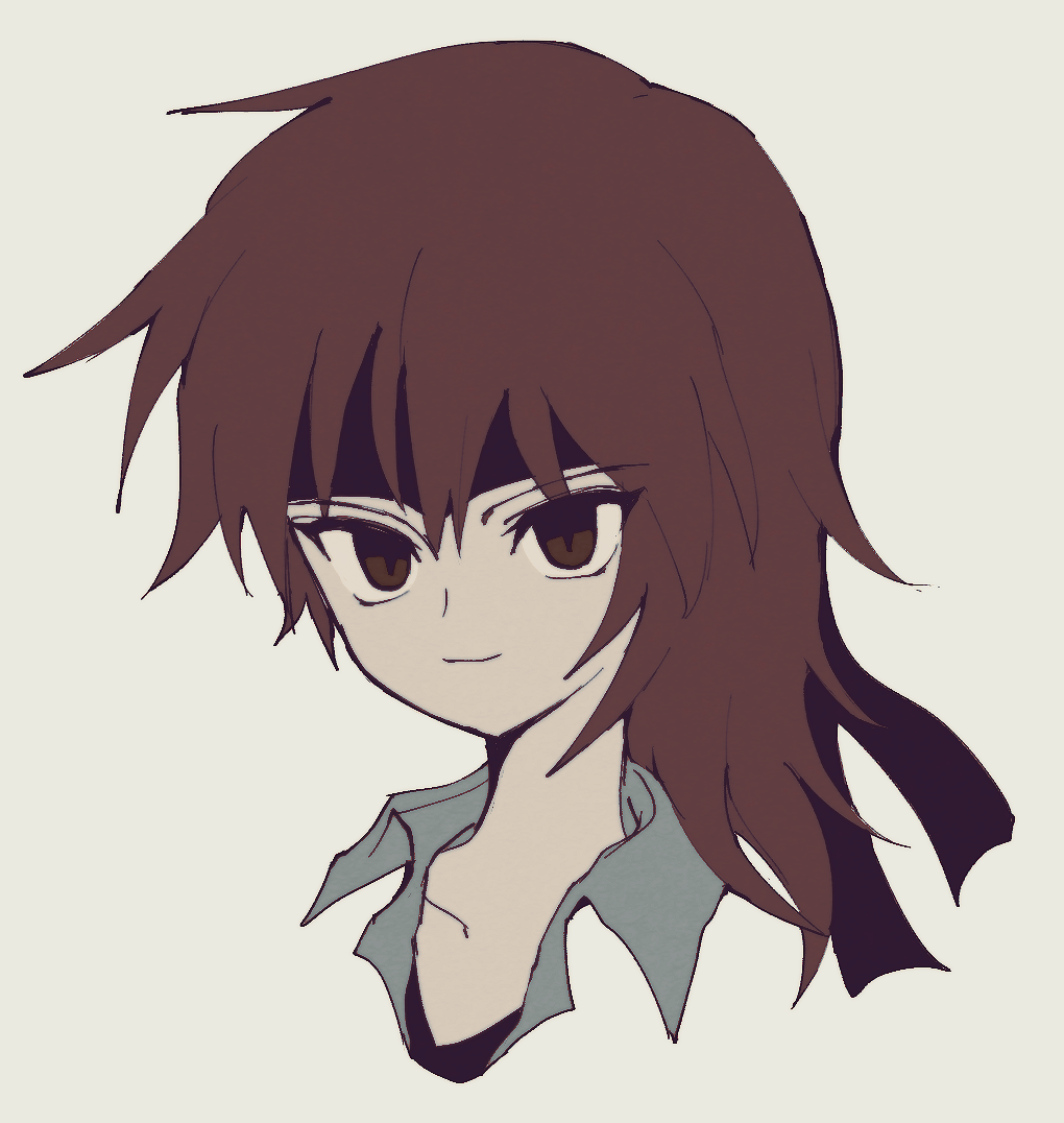 1other androgynous atoymk black_headband black_shirt brown_eyes brown_hair closed_mouth collared_shirt commentary_request eyes_visible_through_hair grey_shirt headband korean_commentary kurohebi len'en medium_hair portrait shirt simple_background smile white_background