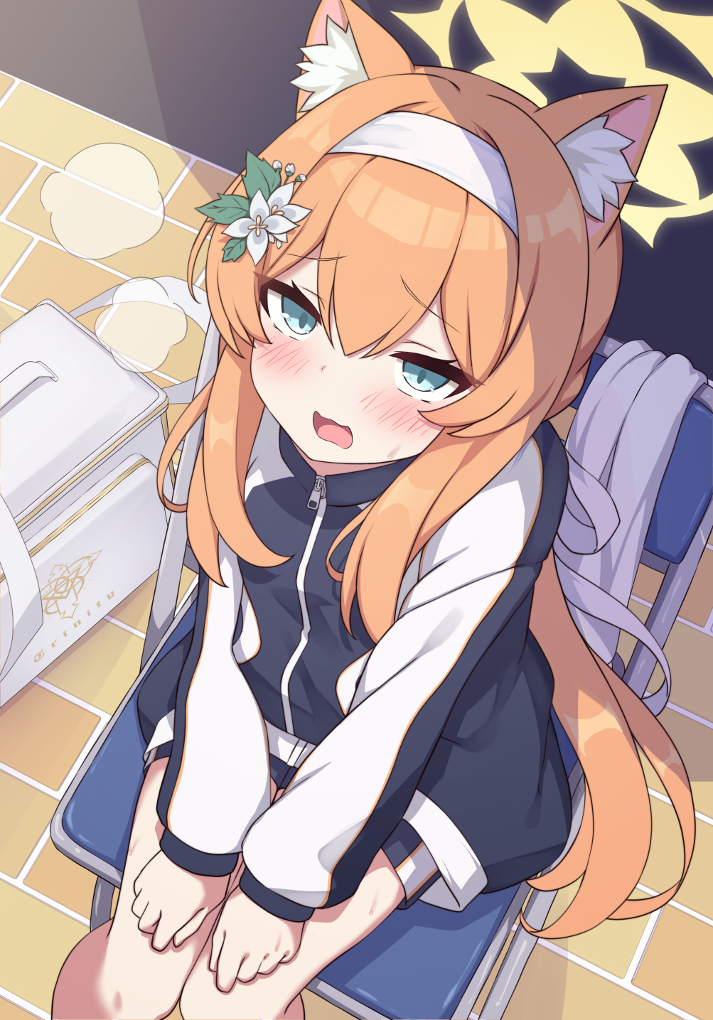 1girl animal_ear_fluff animal_ears blue_archive blue_eyes blush chair commentary_request dutch_angle flower folding_chair fox_ears fox_girl from_above gym_uniform hair_flower hair_intakes hair_ornament hairband highres lolikaku long_hair looking_at_viewer mari_(blue_archive) mari_(gym_uniform)_(blue_archive) open_mouth orange_hair sitting solo sportswear sweat wavy_mouth