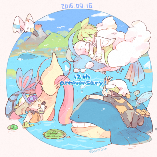 1girl 2016 2boys ^_^ altaria bandana blue_eyes blue_sky boat brendan_(pokemon) closed_eyes clouds collared_shirt dated day gloves green_bandana green_eyes green_headwear green_pants hat katiko legs_up light_brown_hair light_green_hair long_sleeves lotad may_(pokemon) medium_hair milotic mt._chimney mudkip multiple_boys open_mouth outdoors pants partially_submerged pokemon pokemon_(creature) pokemon_(game) pokemon_emerald pokemon_rse riding riding_pokemon shirt short_sleeves sky smile snorkel treecko twitter_username volcano wailmer wailord wally_(pokemon) water watercraft white_headwear white_shirt wingull