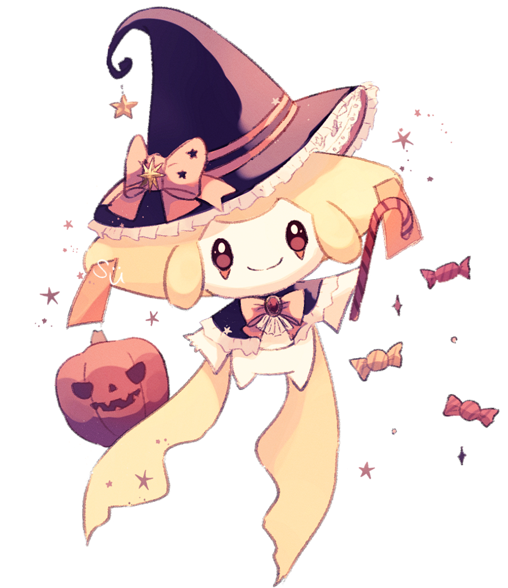 brown_eyes candy candy_cane candy_wrapper capelet closed_mouth commentary_request food hat hatted_pokemon holding jack-o'-lantern jirachi no_humans pokemon pokemon_(creature) smile solo star_(symbol) su_(sajo_su5) witch_hat