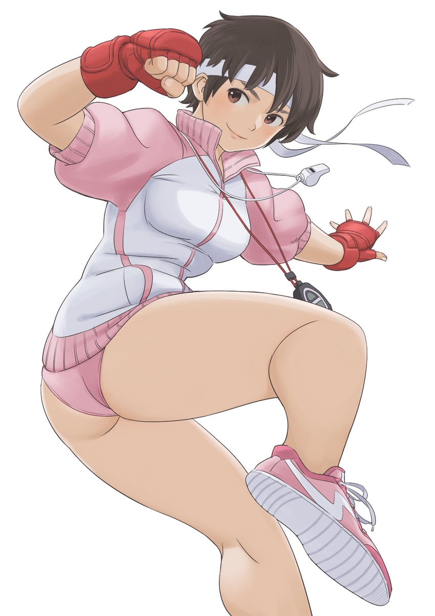 1girl ass bangs breasts brown_eyes brown_hair buruma clenched_hand closed_mouth commentary_request fingerless_gloves flat_ass gloves gym_uniform headband highres jacket kasugano_sakura leg_up lips medium_breasts pink_buruma red_gloves shigenobu shoes short_hair short_sleeves simple_background smile sneakers stopwatch stopwatch_around_neck street_fighter street_fighter_zero_(series) thighs track_jacket whistle whistle_around_neck white_background