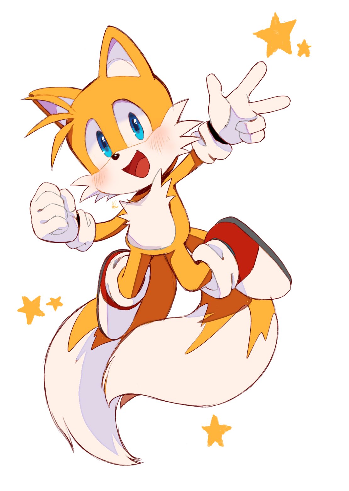 1boy :d blue_eyes blush clenched_hand floating fox_boy full_body furry furry_male gloves highres looking_at_viewer male_focus misuta710 multiple_tails open_mouth protected_link smile solo sonic_(series) star_(symbol) tail tails_(sonic) two_tails w white_gloves