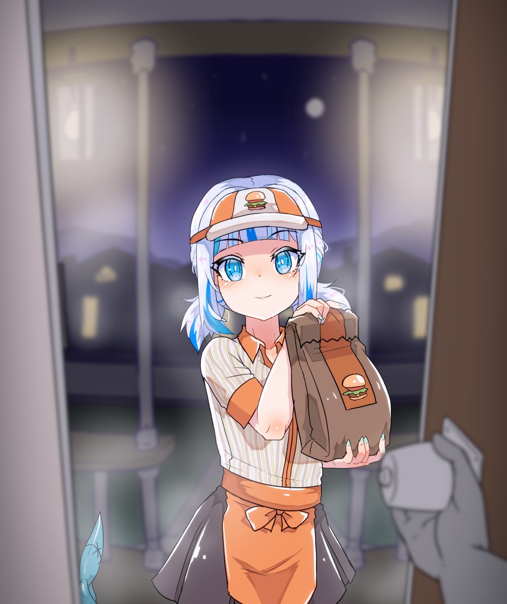 1girl apron bag bangs blue_eyes blue_hair burger city_lights door employee_uniform fish_tail food gawr_gura grey_hair hat highres hololive hololive_english moral_cacoethes multicolored_hair paper_bag shark_girl shark_tail shirt streaked_hair striped striped_shirt tail uniform virtual_youtuber visor_cap