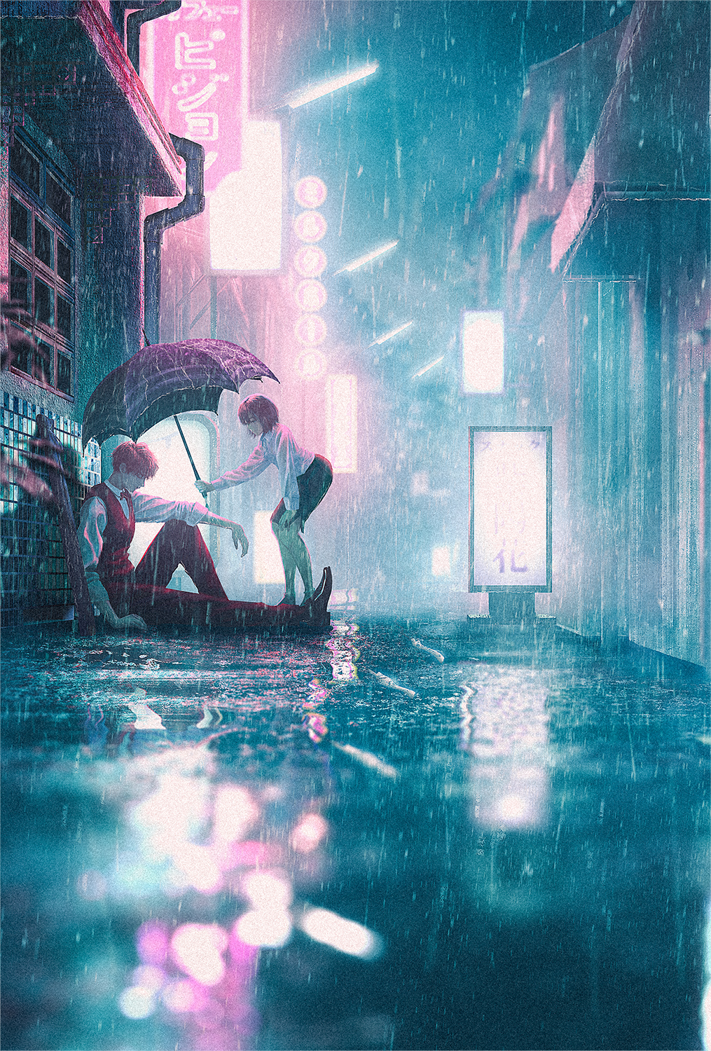 1boy 1girl black_skirt city city_lights collared_shirt highres holding holding_umbrella lantern long_sleeves miniskirt neon_lights night original outdoors rain road scenery shirt short_hair sitting skirt street tamaki_(tamaki_illust) umbrella vest white_shirt