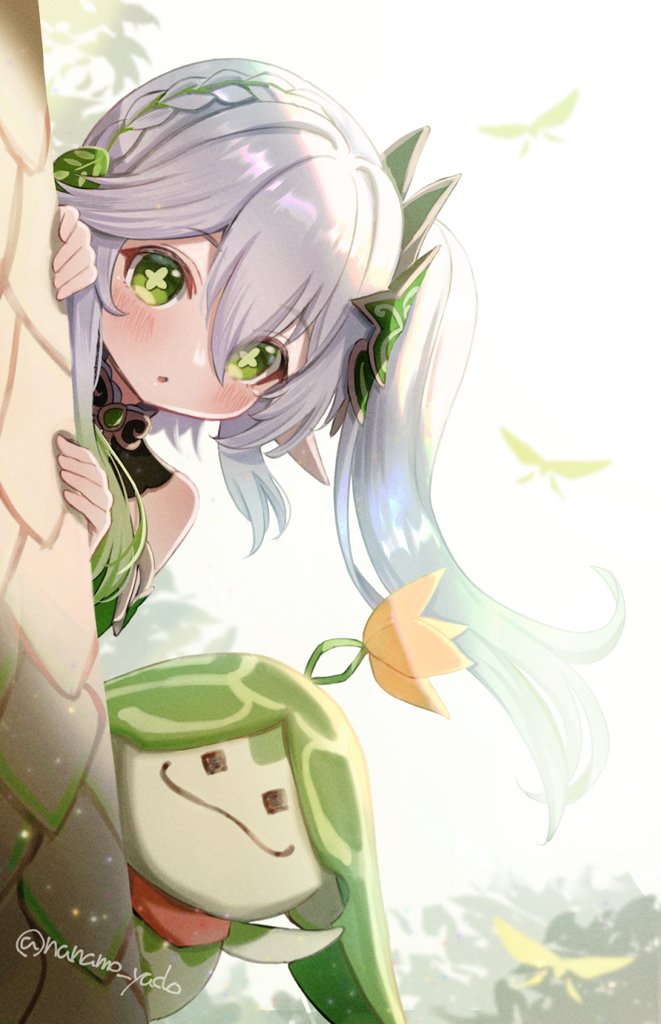 1girl 1other arm_up artist_name bangs bare_shoulders black_eyes blush braid bug bush butterfly butterfly_wings closed_mouth colored_skin detached_sleeves doyamona flower flower-shaped_pupils flying genshin_impact green_eyes green_flower green_skin grey_hair hair_between_eyes hair_ornament hand_up hands_up leaf long_hair long_sleeves looking_at_viewer nahida_(genshin_impact) open_mouth pointy_ears ponytail side_ponytail simple_background smile symbol-shaped_pupils tree white_background wide_sleeves wings