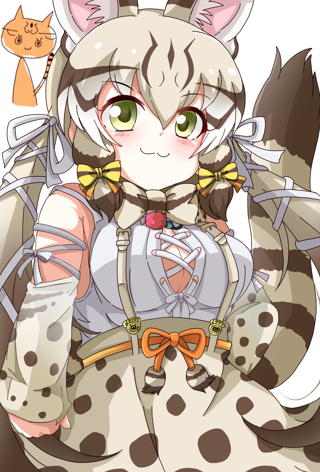 1girl animal_costume animal_ear_fluff animal_ears bow bowtie cat_ears cat_girl cat_tail closed_mouth extra_ears geoffroy's_cat_(kemono_friends) green_eyes grey_hair hata_(user_ehfr2334) highres kemono_friends kemono_friends_v_project long_hair looking_at_viewer microphone multicolored_hair ribbon shirt skirt smile suspenders tail twintails virtual_youtuber