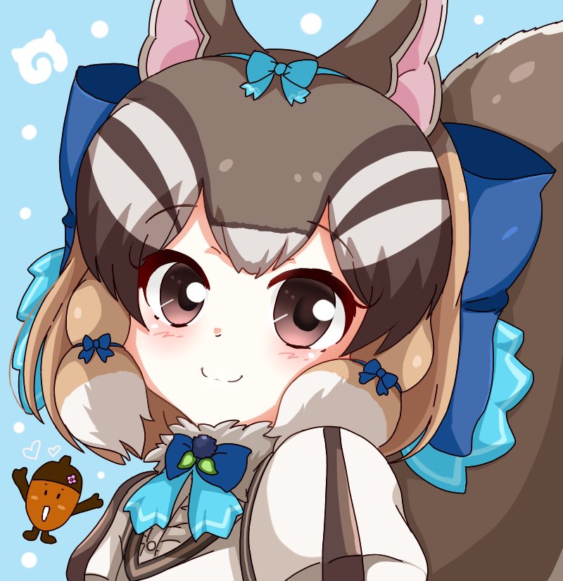 1girl acorn animal_costume animal_ear_fluff animal_ears bow bowtie brown_eyes brown_hair chipmunk_costume chipmunk_ears chipmunk_girl chipmunk_tail closed_mouth extra_ears hata_(user_ehfr2334) kemono_friends kemono_friends_v_project looking_at_viewer microphone multicolored_hair ribbon scarf shirt short_hair siberian_chipmunk_(kemono_friends) simple_background smile solo tail vest virtual_youtuber