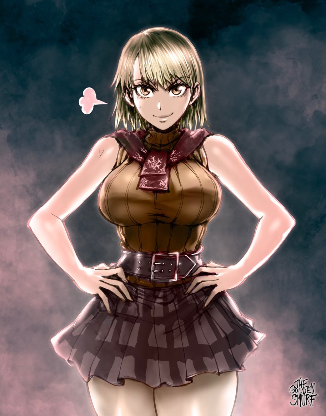 1girl argyle artist_name ashley_graham belt blonde_hair breasts hands_on_hips highres large_breasts resident_evil resident_evil_4 resident_evil_4_(remake) short_hair skirt sleeveless sleeveless_sweater sweater the_golden_smurf thick_thighs thighs tied_sweater yellow_eyes