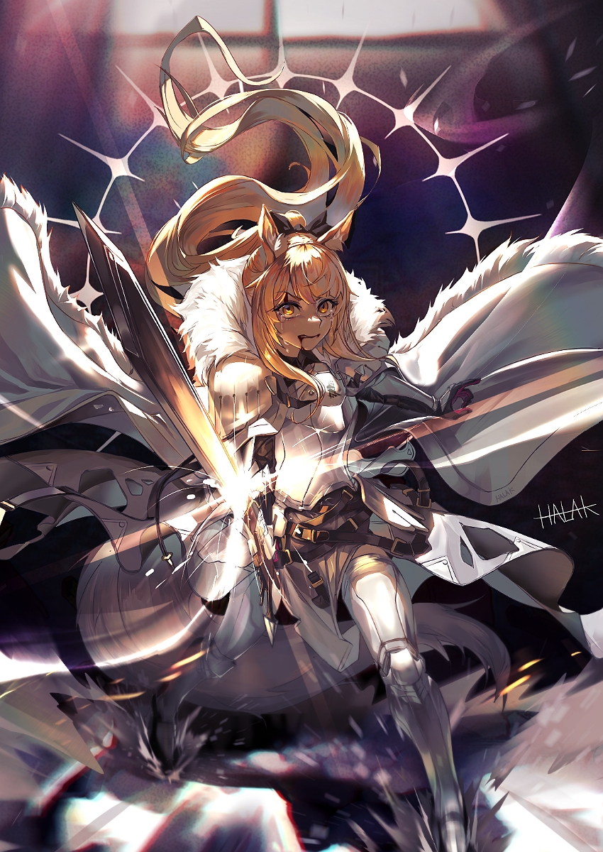 1girl animal_ear_fluff animal_ears arknights armor artist_name bangs belt black_bow blemishine_(arknights) blonde_hair blood blood_from_mouth bow breastplate cloak commentary frown fur-trimmed_cloak fur_trim gauntlets greaves grimace hair_bow halak0000 highres holding holding_sword holding_weapon hood hooded_cloak horse_ears horse_girl horse_tail long_hair looking_at_viewer motion_lines overskirt ponytail sidelocks signature solo standing sword tail tears very_long_hair weapon white_cloak yellow_eyes