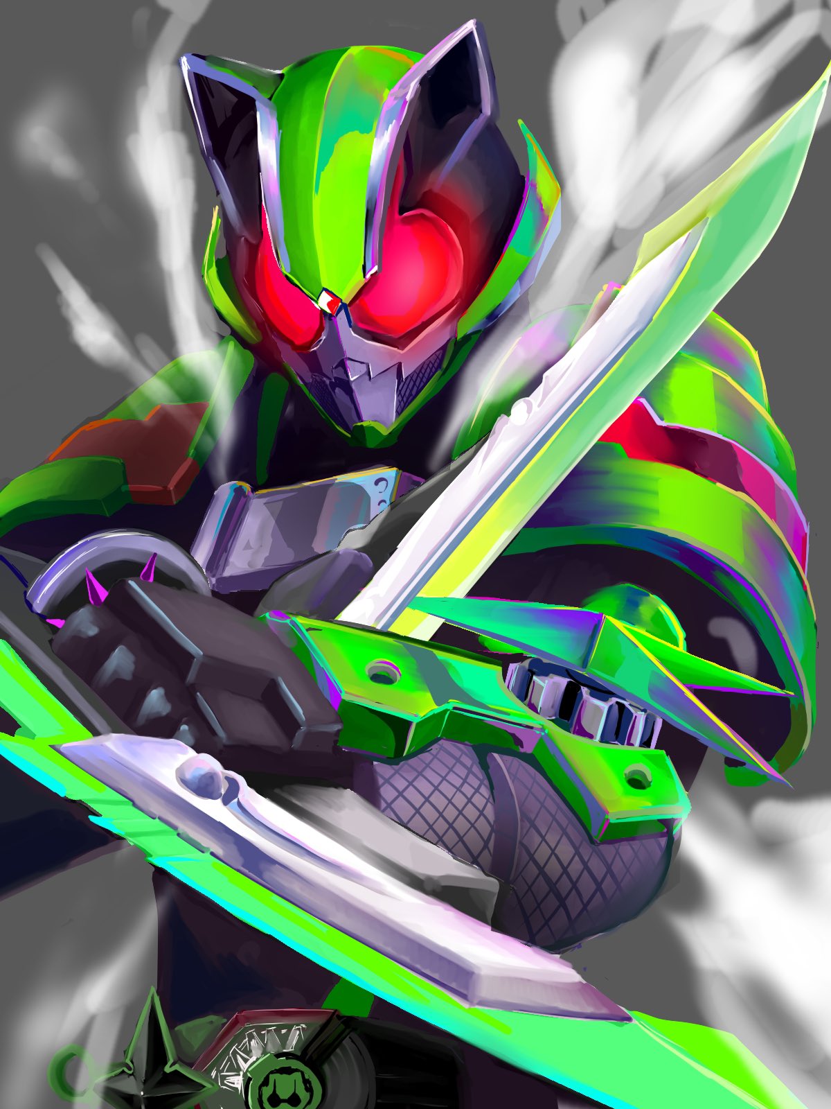 1boy animal_ears armor black_bodysuit bodysuit commentary compound_eyes donguri_kaijin fighting_stance gears green_armor highres kamen_rider kamen_rider_geats_(series) kamen_rider_tycoon leaf ninja ninja_buckle ninja_dueler pose raccoon_ears red_eyes reverse_grip shuriken solo sword tanuki thigh_strap tokusatsu upper_body weapon