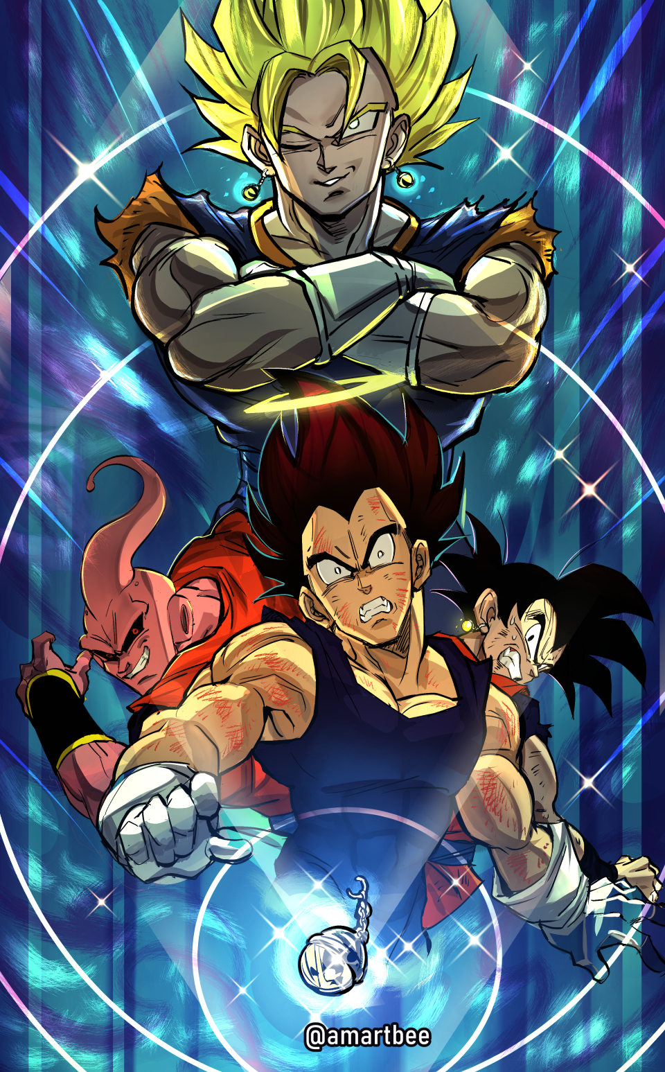 4boys amartbee black_eyes black_hair black_sclera blonde_hair bruise clenched_teeth colored_sclera covered_abs crossed_arms dragon_ball dragon_ball_z earrings evil_grin evil_smile frown gloves grin highres injury jewelry majin_buu male_focus multiple_boys muscular muscular_male one_eye_closed potara_earrings red_eyes smile son_goku sparkle super_buu super_saiyan super_saiyan_1 sweat teeth twitter_username vegeta vegetto white_gloves