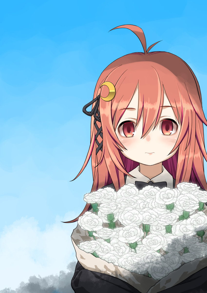 1girl alternate_costume antenna_hair bangs black_ribbon blush bouquet closed_mouth clouds commentary_request crescent crescent_hair_ornament day flower hair_between_eyes hair_ornament hair_ribbon harukaze_unipo highres kantai_collection long_hair looking_at_viewer outdoors red_eyes redhead ribbon rose sky solo upper_body uzuki_(kancolle) white_flower white_rose