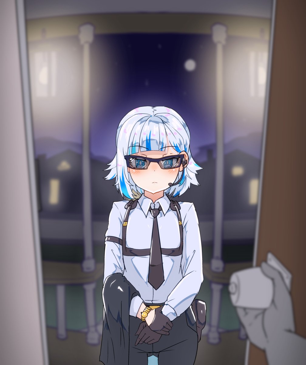 1girl bangs blue_eyes blue_hair bodyguard door earpiece formal gawr_gura gloves grey_hair highres hololive hololive_english holster moral_cacoethes multicolored_hair necktie short_hair streaked_hair suit sunglasses virtual_youtuber watch watch