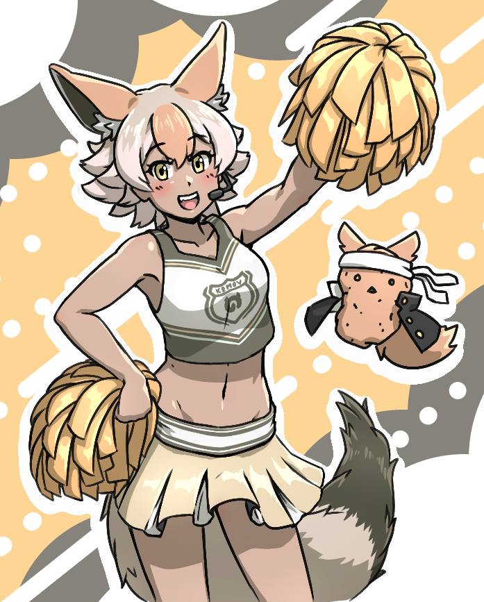 1girl acesrulez animal_ear_fluff animal_ears bare_shoulders blonde_hair cheering cheerleader coyopotato coyote_(kemono_friends) extra_ears hachimaki headband holding holding_pom_poms kemono_friends kemono_friends_v_project looking_at_viewer microphone navel open_mouth pom_pom_(cheerleading) short_hair simple_background smile tail virtual_youtuber wolf_ears wolf_tail yellow_eyes