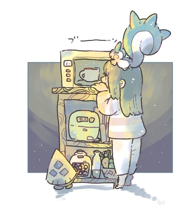 1girl barefoot blue_eyes blue_hair closed_mouth cup dark_blue_hair hikari_(pokemon) katiko long_hair long_sleeves microwave mug on_head pachirisu pajamas pants pokemon pokemon_(creature) pokemon_(game) pokemon_dppt pokemon_on_head rice_cooker shelf shirt smile snorunt standing striped striped_shirt tiptoes white_pants