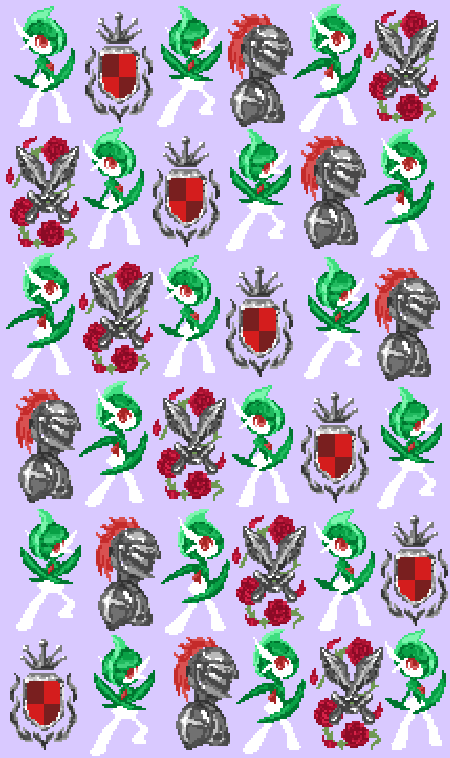 1boy arm_blade armor bangs colored_skin commentary crest crossed_arms crossed_swords flower from_side full_body gallade green_hair green_skin grey_headwear hair_over_one_eye helm helmet knight legs_apart looking_at_viewer male_focus mohawk multicolored_hair multicolored_skin multiple_views one_eye_covered pixel_art plume pokemon pokemon_(creature) purple_background red_eyes red_flower red_rose rose shield shiny shiny_hair short_hair shoulder_armor simple_background standing sword ticaro two-tone_hair two-tone_skin weapon white_skin