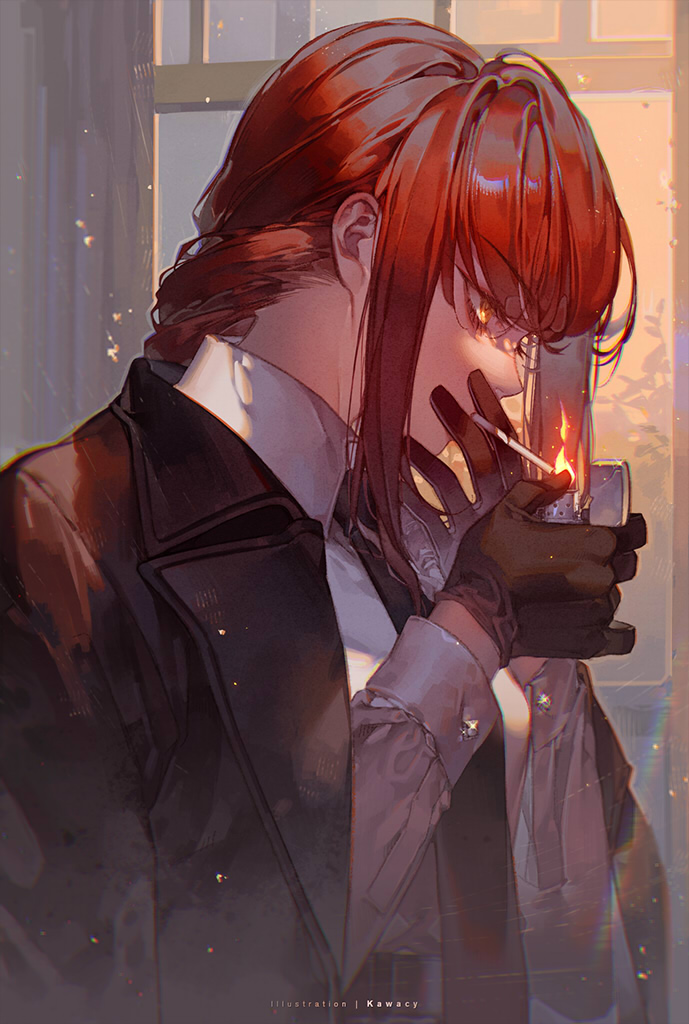 1girl artist_name black_gloves black_jacket black_necktie chainsaw_man cigarette commentary_request fire flame from_side gloves holding holding_cigarette holding_lighter jacket jacket_on_shoulders kawacy lighter lighting_cigarette long_hair long_sleeves makima_(chainsaw_man) necktie orange_eyes profile redhead solo upper_body window