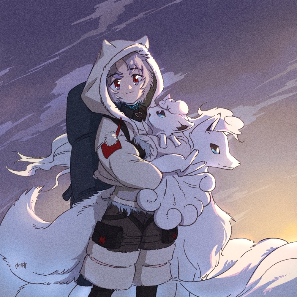 1boy alolan_ninetales alolan_vulpix arknights bangs black_gloves chinese_commentary closed_mouth commentary_request crossover evolutionary_line fur_trim gloves grey_hair holding holding_pokemon hood hood_up hooded_jacket jacket long_sleeves looking_at_viewer male_focus outdoors pokemon pokemon_(creature) qanipalaat_(arknights) red_eyes robinlovesop short_hair sky smile standing twilight white_jacket