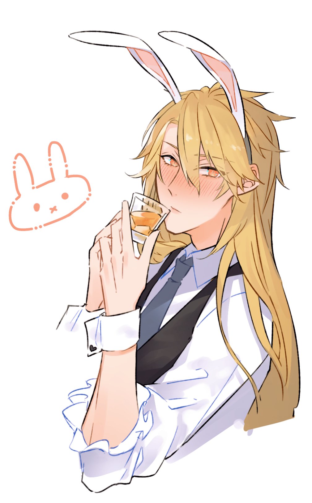 1boy aglovale_(granblue_fantasy) alcohol animal_ears black_vest blonde_hair blush closed_mouth cropped_torso cup drinking_glass fake_animal_ears granblue_fantasy grey_necktie hair_between_eyes highres holding holding_cup long_hair looking_at_viewer male_focus necktie orange_eyes rabbit_ears shirt shot_glass simple_background solo tokikane_mikan upper_body vest white_background white_shirt wrist_cuffs