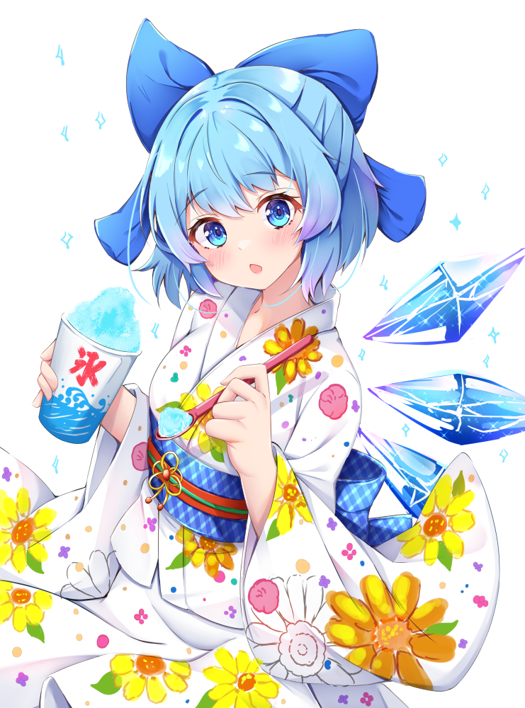1girl blue_bow blue_eyes blue_hair blush bow cirno detached_wings fairy floral_print food hair_between_eyes hair_bow holding holding_spoon ice ice_wings japanese_clothes kimono long_sleeves obi open_mouth print_kimono rururiaru sash shaved_ice short_hair simple_background solo spoon touhou touhou_cannonball upper_body white_background white_kimono wide_sleeves wings