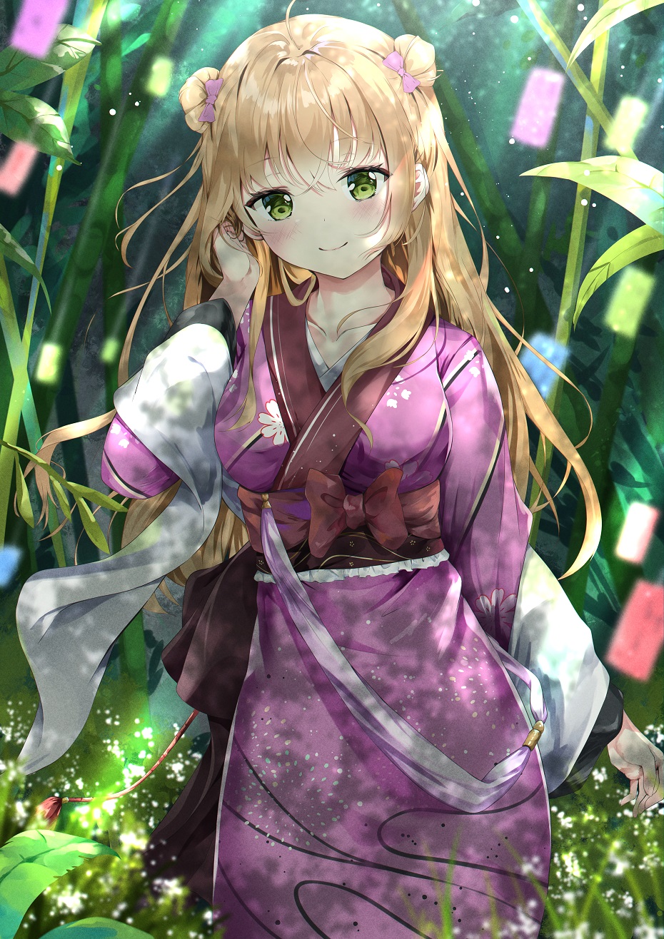 1girl ahoge alternate_costume bamboo bamboo_forest bangs blurry blurry_background blush bow breasts brown_hair closed_mouth collarbone commentary_request dot_nose double_bun forest girls_frontline green_eyes hair_bow hair_bun hand_in_own_hair hand_up highres japanese_clothes kimono light_particles long_hair long_sleeves looking_at_viewer nature obi purple_bow purple_kimono rfb_(girls'_frontline) sash smile solo tanabata u.b_m1s2s