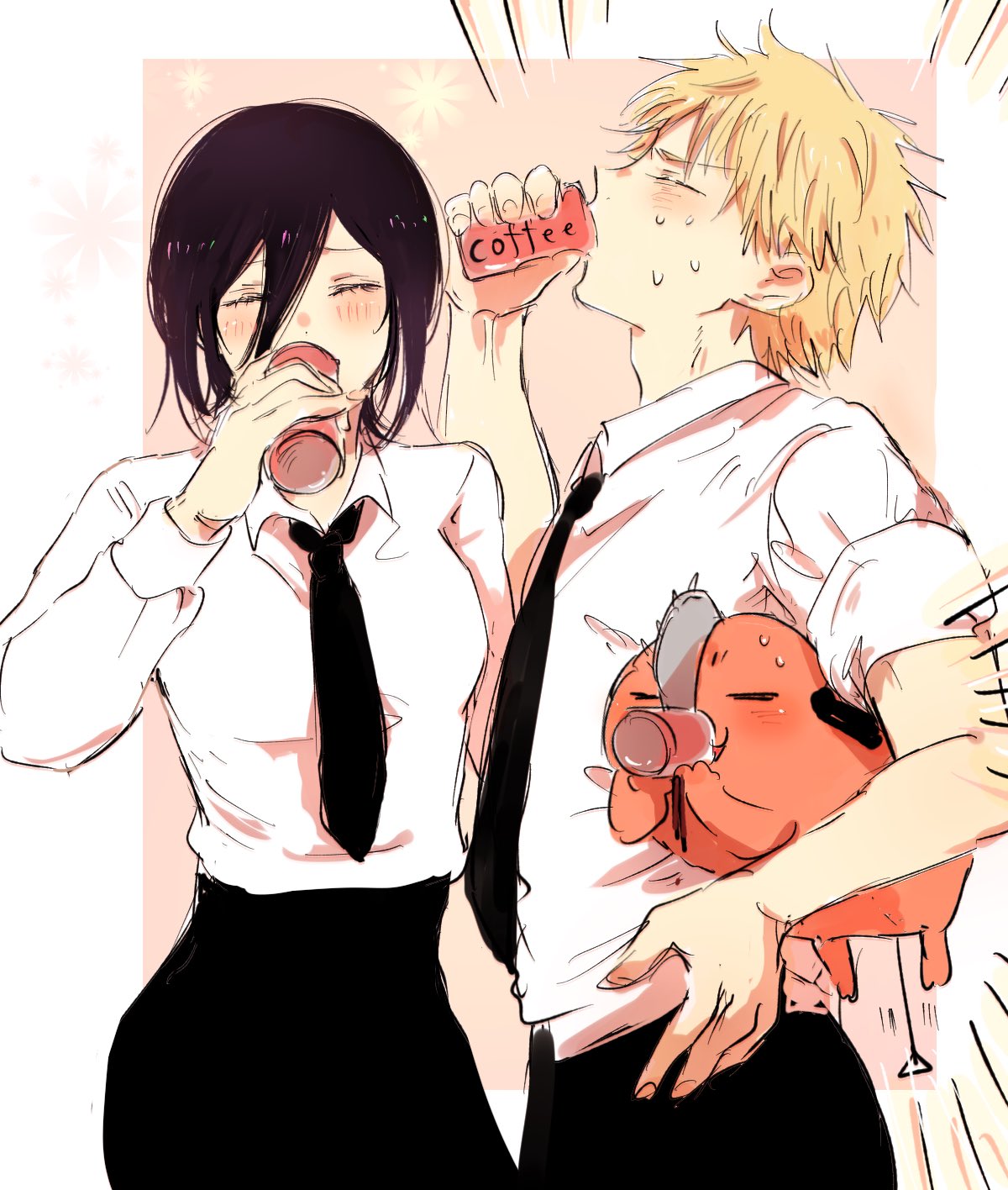 1boy 1girl 1other bangs black_hair black_necktie black_pants black_skirt blonde_hair blush border breasts can chainsaw chainsaw_man closed_eyes closed_mouth coffee collared_shirt colored_skin denji_(chainsaw_man) drink drinking fingernails floral_background flower glass hair_between_eyes hand_on_hip hands_up highres long_sleeves medium_breasts necktie outside_border pants pet pink_background pink_flower pink_skin pochita_(chainsaw_man) reze_(chainsaw_man) shirt short_hair simple_background skirt soda_can standing sweat sweatdrop v-shaped_eyebrows wata_meamai white_border white_shirt yellow_flower