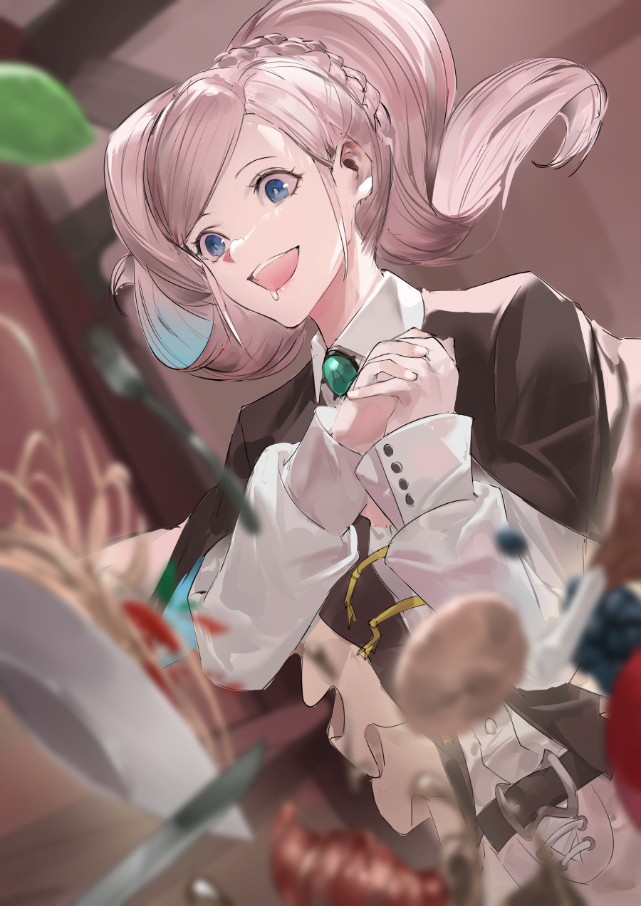 1girl amira_(shingeki_no_bahamut) belt blazpu blue_eyes blurry blurry_background blurry_foreground brooch capelet collared_shirt drooling food fork highres interlocked_fingers jewelry knife light_smile long_hair long_sleeves open_mouth own_hands_together pasta pink_hair shingeki_no_bahamut shirt solo spaghetti twintails upper_body white_shirt