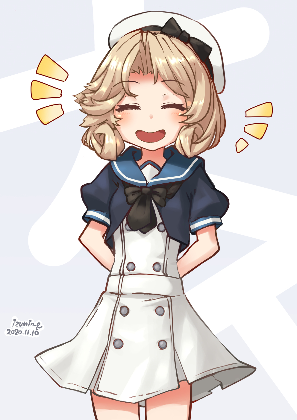 1girl arms_behind_back background_text bangs blonde_hair blue_sailor_collar blush closed_eyes dated dress facing_viewer hat highres izumikuma janus_(kancolle) kantai_collection one-hour_drawing_challenge open_mouth sailor_collar sailor_dress sailor_hat short_hair short_sleeves simple_background solo twitter_username white_dress white_headwear