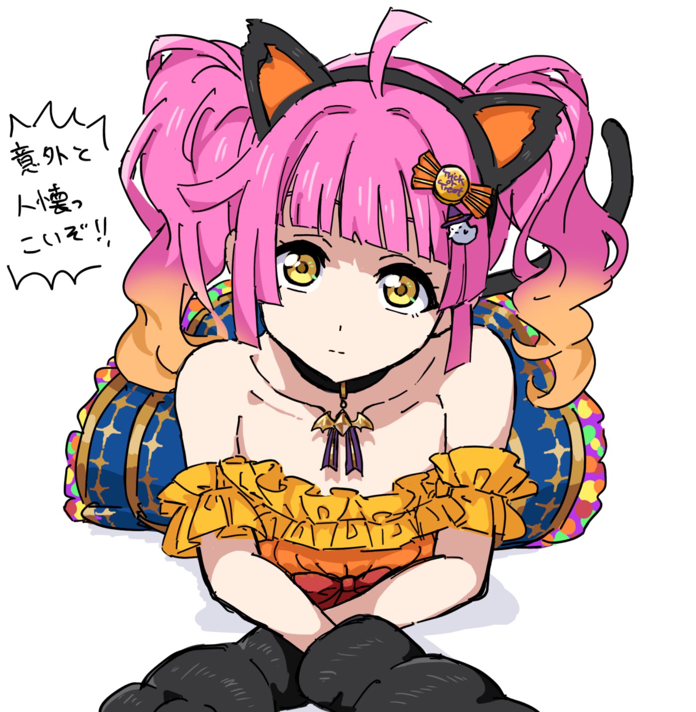 1girl ahoge alternate_hairstyle animal_ears animal_hands bangs bare_shoulders bat_ornament black_gloves blue_skirt blunt_bangs blunt_ends bow candy_hair_ornament cat_ears cat_tail choker collarbone commentary_request expressionless fake_animal_ears fake_tail food-themed_hair_ornament frilled_shirt frilled_skirt frills ghost_hair_ornament gloves gradient_hair hair_ornament highres looking_at_viewer love_live! love_live!_nijigasaki_high_school_idol_club lying medium_hair multicolored_clothes multicolored_hair multicolored_skirt on_stomach orange_hair orange_shirt paw_gloves pink_hair red_bow shirt skirt solo strapless strapless_shirt tail tennouji_rina translation_request twintails wavy_hair white_background yanekawara yellow_eyes